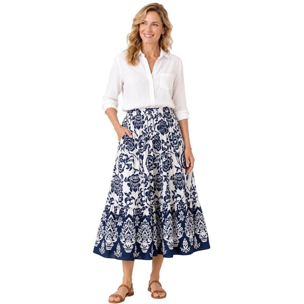 Soft Surroundings Navy White Floral Tiered Cotton Maxi Skirt Elastic Waist L - Picture 1 of 8